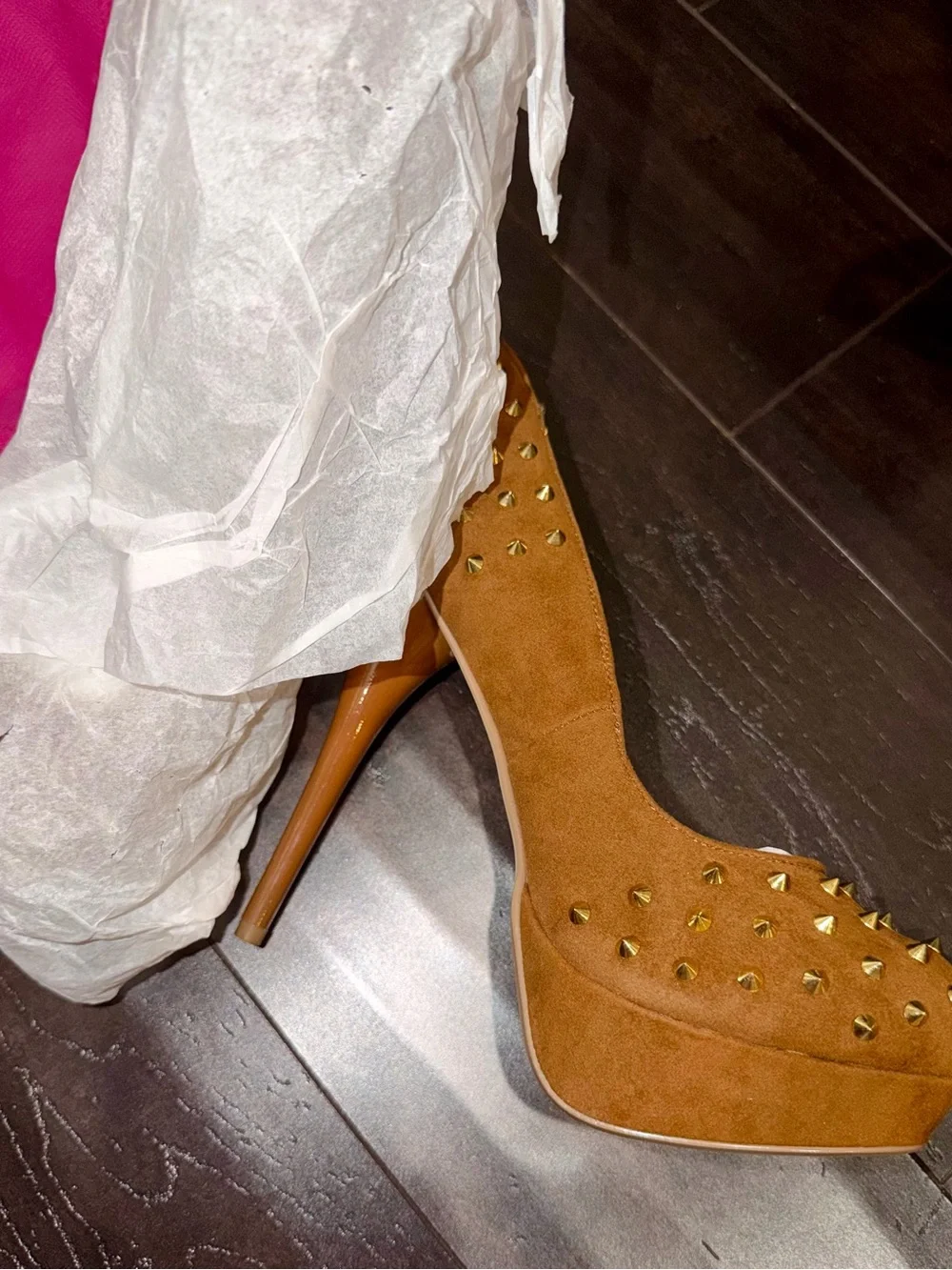 Shoe Dazzle Ezra Camel Faux Suede Platform Pumps with Gold Studs